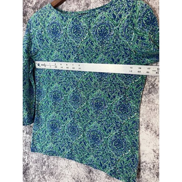 Talbots Petites Bateau Neck Tee Blue Green Pattern Coastal Casual Top Blouse PS - Picture 8 of 10